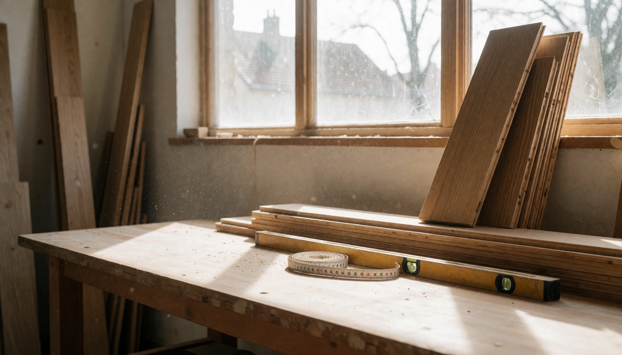 Hall d'atelier lumineux avec établis en bois